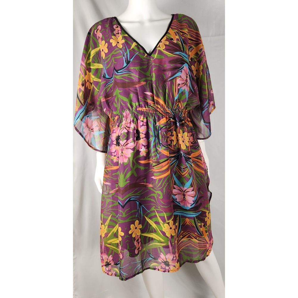 Tropical Floral Chiffon Kaftan Dress – Coconut Girl Y2K Resortwear – Plus 2X